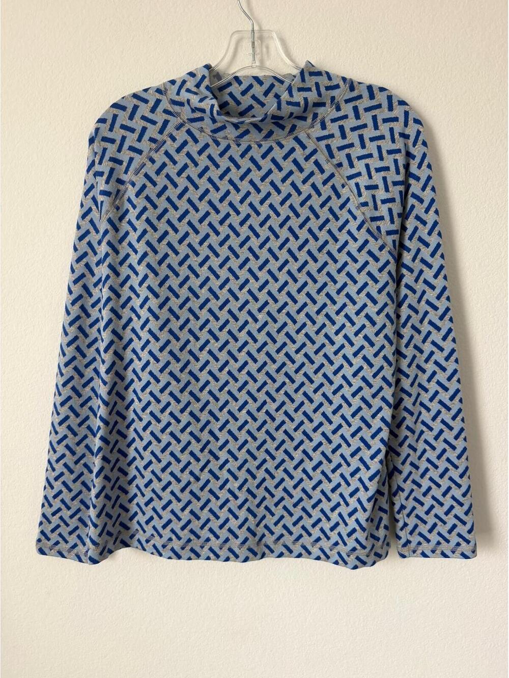 Liz Claiborne Long Sleeve Mock Neck Blue/Gray Geo Stretch Blouse Women's Size M